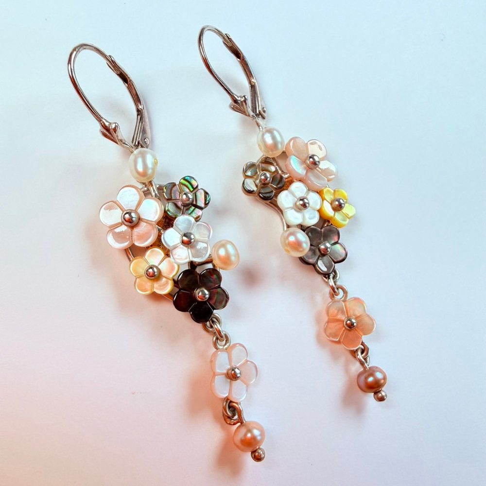 🎉Sold🎉 Whitney Kelly MOP Pearl Mosaic Flower Sterling Silv Dangle Drop Earrings - Picture 2 of 9
